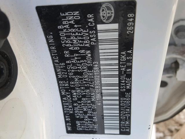 4T1BK1EB3GU215843 - 2016 TOYOTA AVALON XLE WHITE photo 10