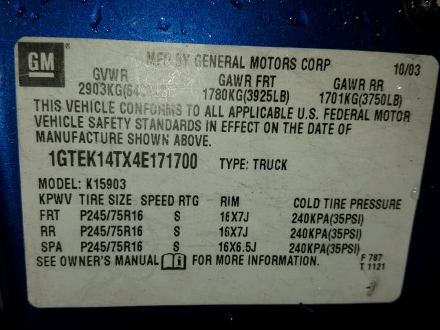 1GTEK14TX4E171700 - 2004 GMC NEW SIERRA BLUE photo 10