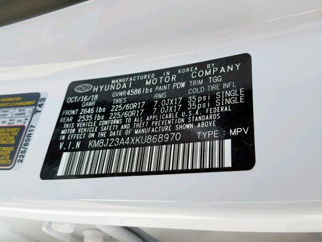 KM8J23A4XKU868970 - 2019 HYUNDAI TUCSON SE WHITE photo 10