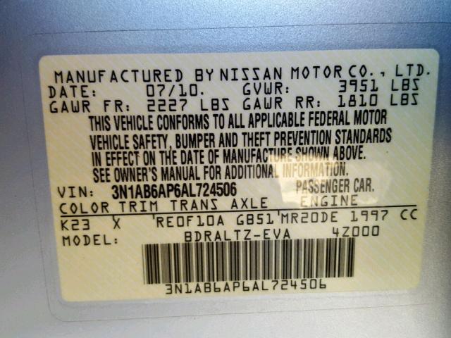 3N1AB6AP6AL724506 - 2010 NISSAN SENTRA 2.0 SILVER photo 10