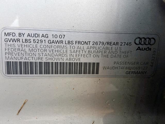 WAUDH74F88N069127 - 2008 AUDI A6 3.2 QUA SILVER photo 10