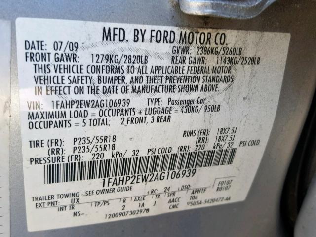 1FAHP2EW2AG106939 - 2010 FORD TAURUS SEL GRAY photo 10