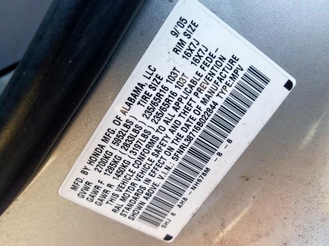 5FNRL38716B022844 - 2006 HONDA ODYSSEY EXL  photo 10