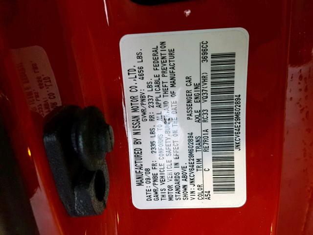 JNKCV64E29M602894 - 2009 INFINITI G37 BASE RED photo 10