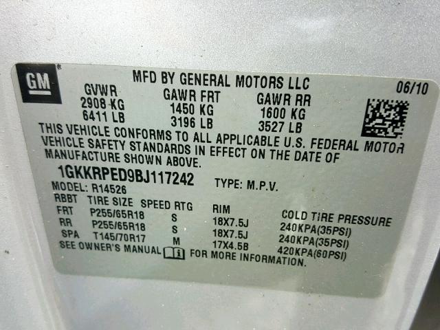 1GKKRPED9BJ117242 - 2011 GMC ACADIA SLE SILVER photo 10