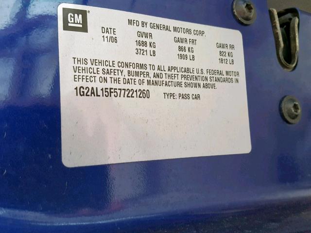 1G2AL15F577221260 - 2007 PONTIAC G5 BLUE photo 10