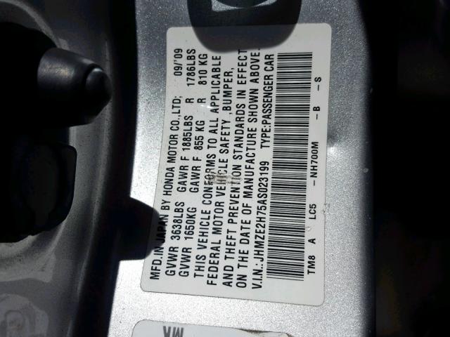 JHMZE2H75AS023199 - 2010 HONDA INSIGHT EX SILVER photo 10