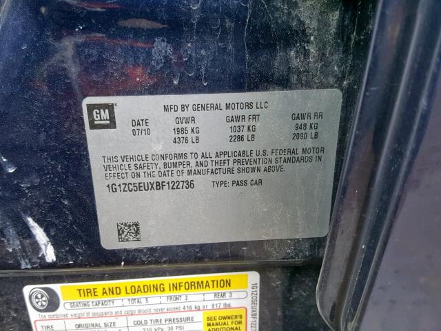 1G1ZC5EUXBF122736 - 2011 CHEVROLET MALIBU 1LT 蓝色 照片 10