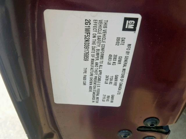 2G1WF52K039176859 - 2003 CHEVROLET IMPALA MAROON photo 10