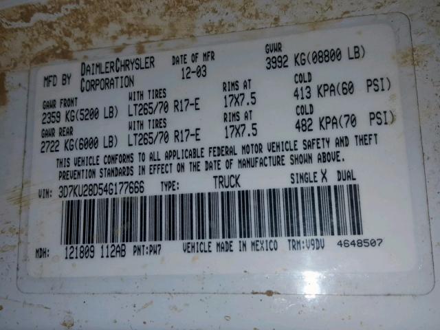 3D7KU28D54G177666 - 2004 DODGE RAM 2500 S თეთრი ფოტო 10