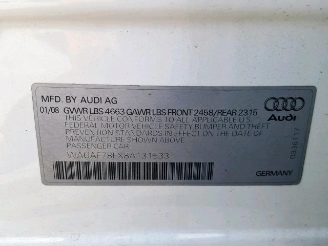 WAUAF78EX8A131533 - 2008 AUDI A4 2.0T WHITE photo 10