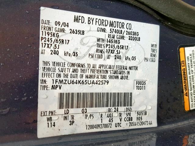 1FMZU64K65UA42579 - 2005 FORD EXPLORER E BLUE photo 10