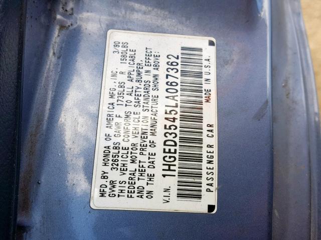 1HGED3545LA067362 - 1990 HONDA CIVIC DX BLUE photo 10