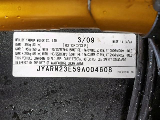 JYARN23E59A004608 - 2009 YAMAHA YZFR1 YELLOW photo 10