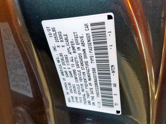 1HGCS22868A001568 - 2008 HONDA ACCORD EXL GRAY photo 10