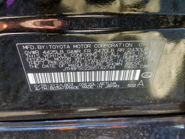 JTHBF5C22B5142744 - 2011 LEXUS IS 250 BLACK photo 10