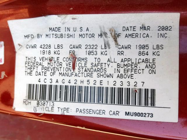 4C3AG42H52E123327 - 2002 CHRYSLER SEBRING LX RED photo 10