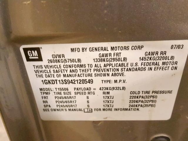 1GKDT13S942120549 - 2004 GMC ENVOY SILVER photo 10