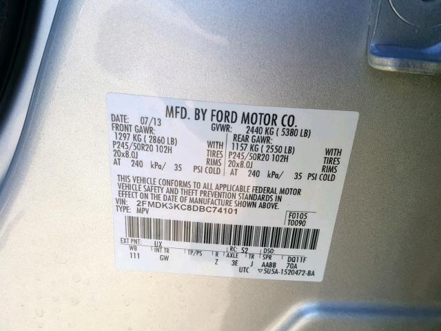 2FMDK3KC8DBC74101 - 2013 FORD EDGE LIMIT SILVER photo 10