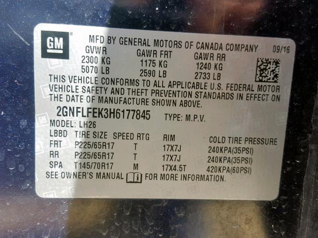 2GNFLFEK3H6177845 - 2017 CHEVROLET EQUINOX LT BLUE photo 10