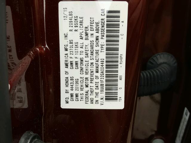 19UUB1F32GA004480 - 2016 ACURA TLX BURGUNDY photo 10