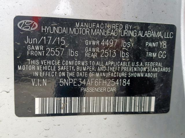 5NPE34AF6FH254184 - 2015 HYUNDAI SONATA SPO SILVER photo 10