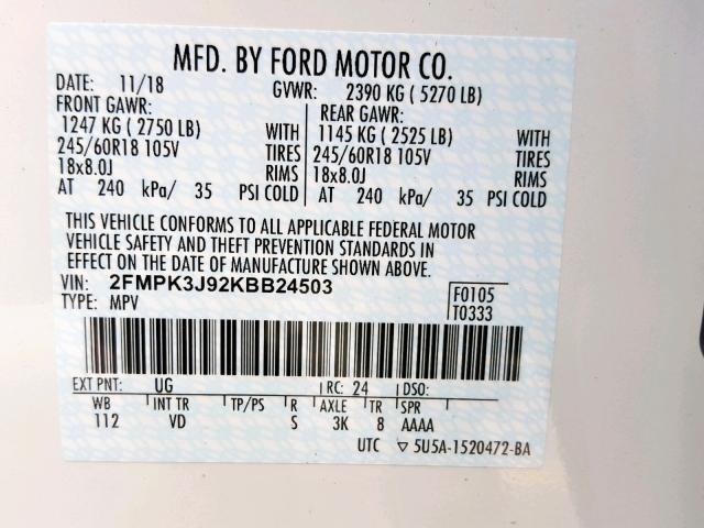 2FMPK3J92KBB24503 - 2019 FORD EDGE SEL WHITE photo 10