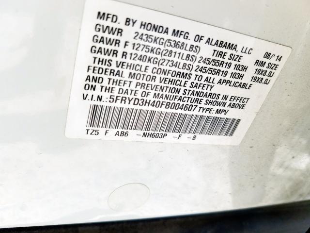 5FRYD3H40FB004607 - 2015 ACURA MDX TECHNOLOGY  photo 10