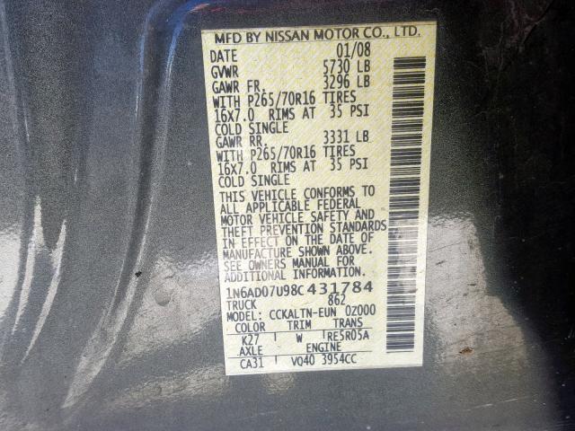 1N6AD07U98C431784 - 2008 NISSAN FRONTIER C GRAY photo 10