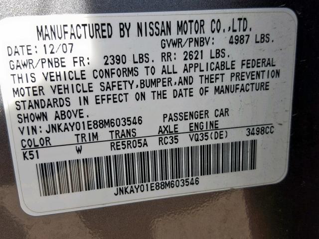 JNKAY01E88M603546 - 2008 INFINITI M35 BASE SILVER photo 10