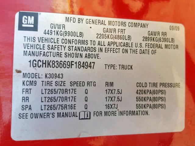 1GCHK83669F184947 - 2009 CHEVROLET SILVERADO RED photo 10