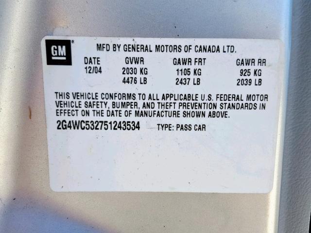2G4WC532751243534 - 2005 BUICK LACROSSE C SILVER photo 10