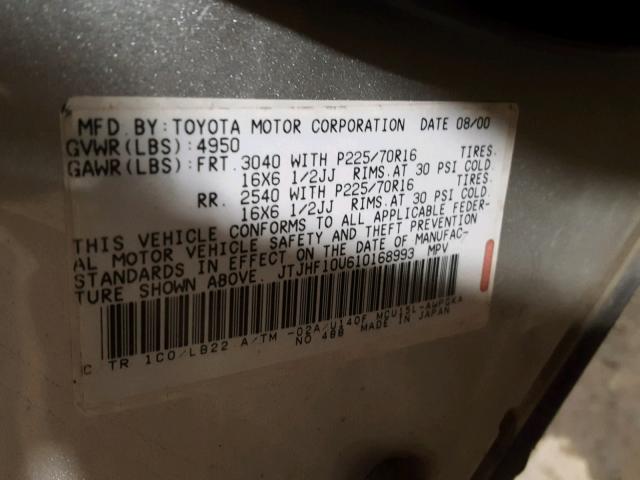 JTJHF10U610168993 - 2001 LEXUS RX 300 SILVER photo 10