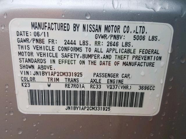 JN1BY1AP2CM331925 - 2012 INFINITI M37 SILVER photo 10