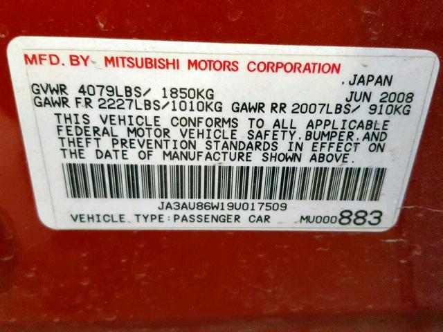 JA3AU86W19U017509 - 2009 MITSUBISHI LANCER GTS RED photo 10