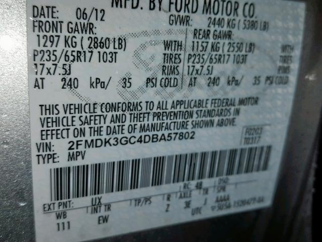 2FMDK3GC4DBA57802 - 2013 FORD EDGE SE SILVER photo 10