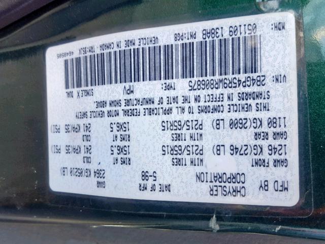 2B4GP45R9WR806875 - 1998 DODGE CARAVAN SE GREEN photo 10