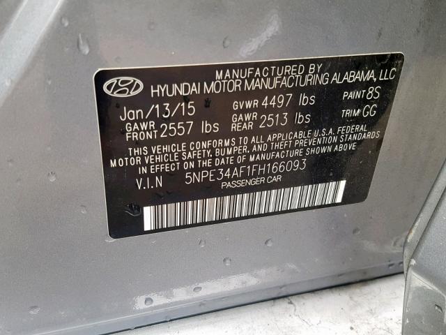 5NPE34AF1FH166093 - 2015 HYUNDAI SONATA SPO GRAY photo 10