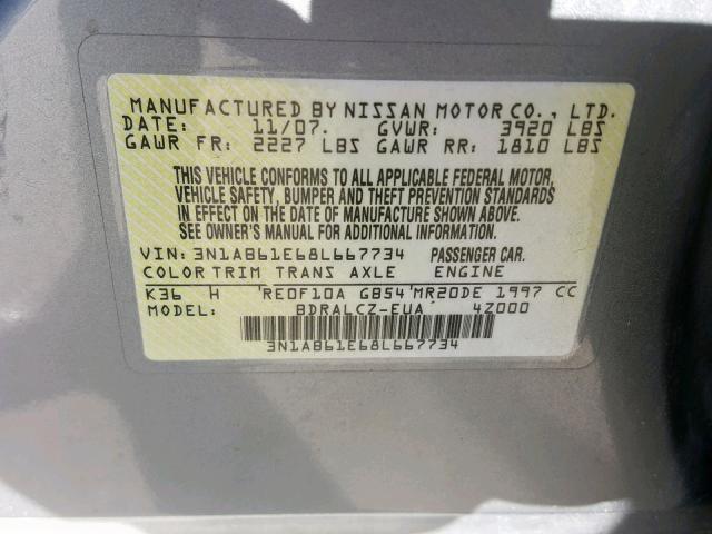 3N1AB61E68L667734 - 2008 NISSAN SENTRA 2.0 GRAY photo 10