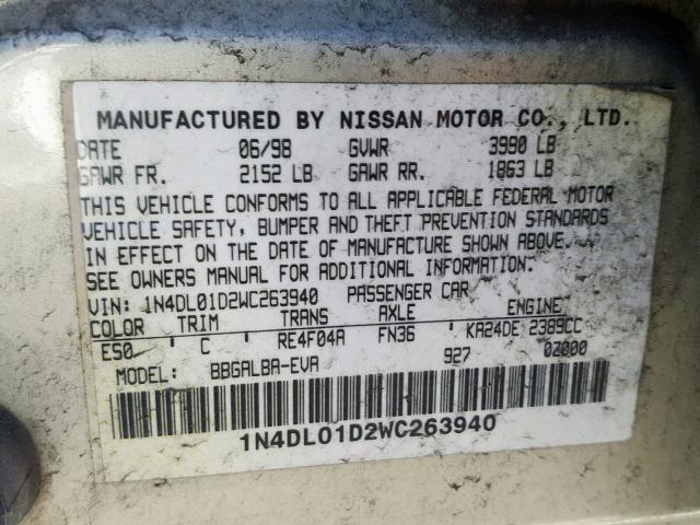 1N4DL01D2WC263940 - 1998 NISSAN ALTIMA XE GOLD photo 10