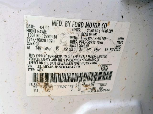 2LMDJ6JK5BBJ24719 - 2011 LINCOLN MKX WHITE photo 10