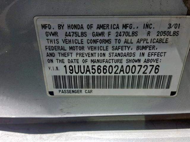 19UUA56602A007276 - 2002 ACURA 3.2TL SILVER photo 10