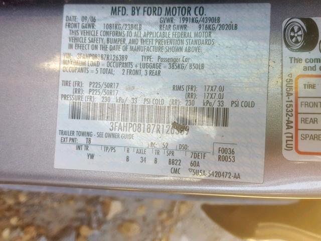 3FAHP08187R126389 - 2007 FORD FUSION SEL GRAY photo 10