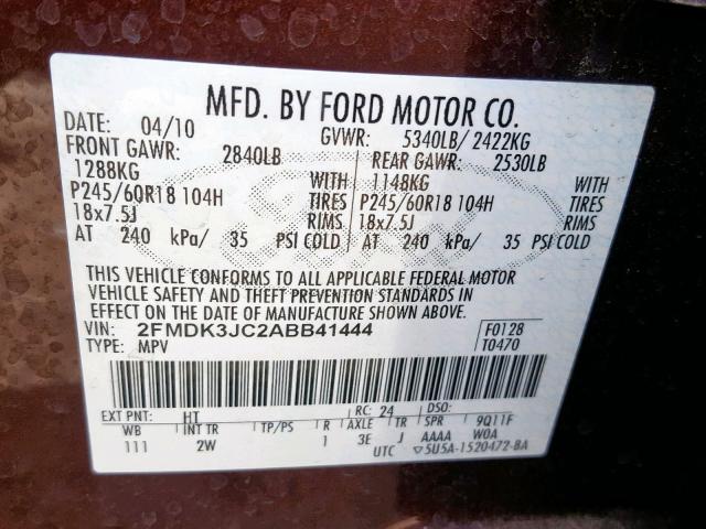 2FMDK3JC2ABB41444 - 2010 FORD EDGE SEL MAROON photo 10