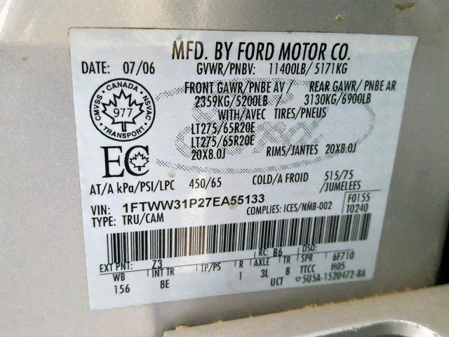 1FTWW31P27EA55133 - 2007 FORD F350 SRW S SILVER photo 10