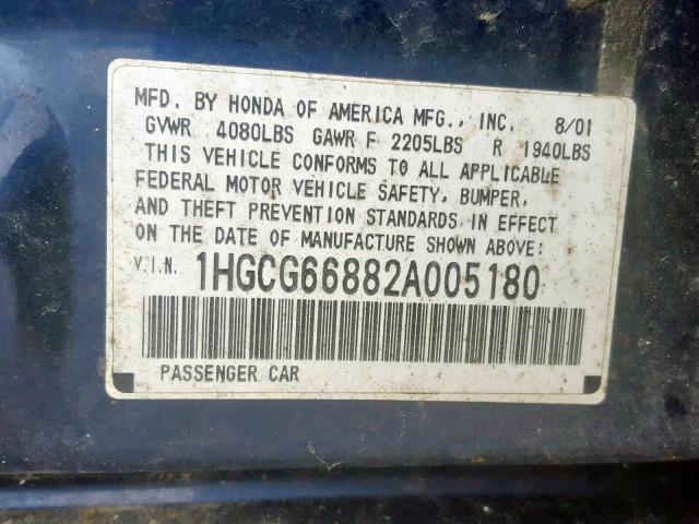 1HGCG66882A005180 - 2002 HONDA ACCORD EX BLUE photo 10