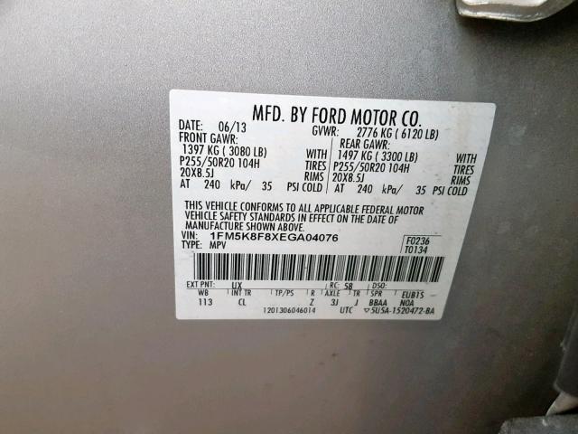 1FM5K8F8XEGA04076 - 2014 FORD EXPLORER L SILVER photo 10