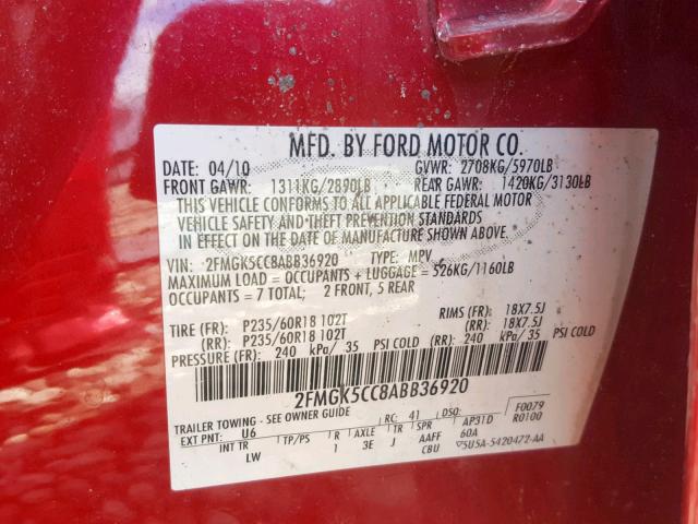 2FMGK5CC8ABB36920 - 2010 FORD FLEX SEL RED photo 10