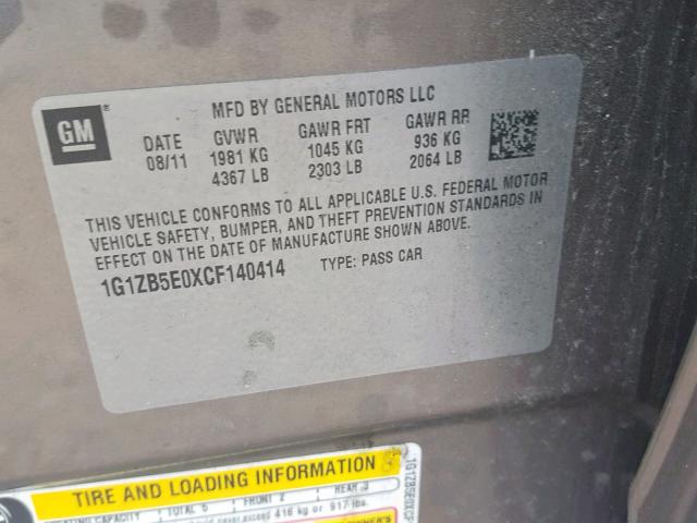 1G1ZB5E0XCF140414 - 2012 CHEVROLET MALIBU LS Մոխրագույն լուսանկար 10