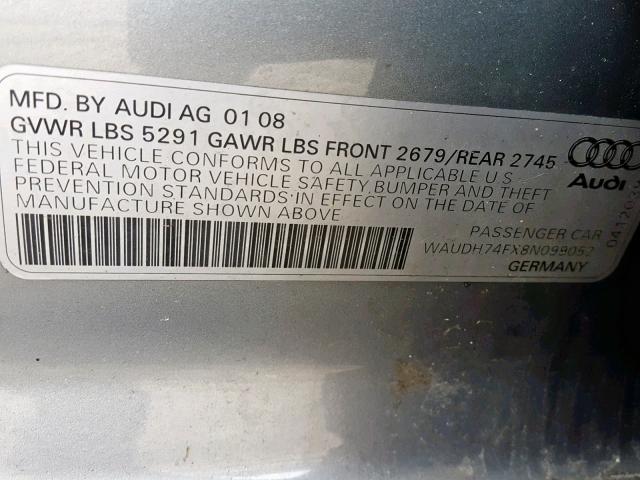 WAUDH74FX8N099052 - 2008 AUDI A6 3.2 QUA GRAY photo 10